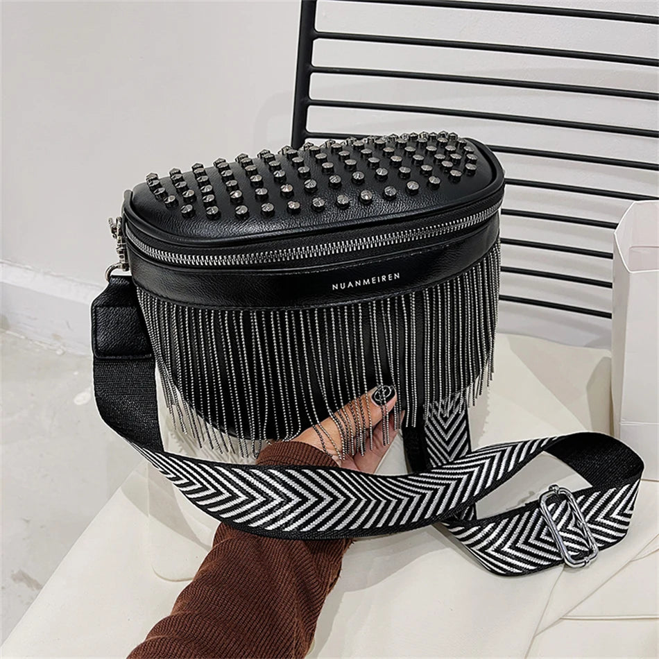 Luxury Woman Chest Bag Fashion Tassel Leather Large Capacity Crossbody Sling Bag Women Waist Bag Casual Rivet Design Travel Sac
