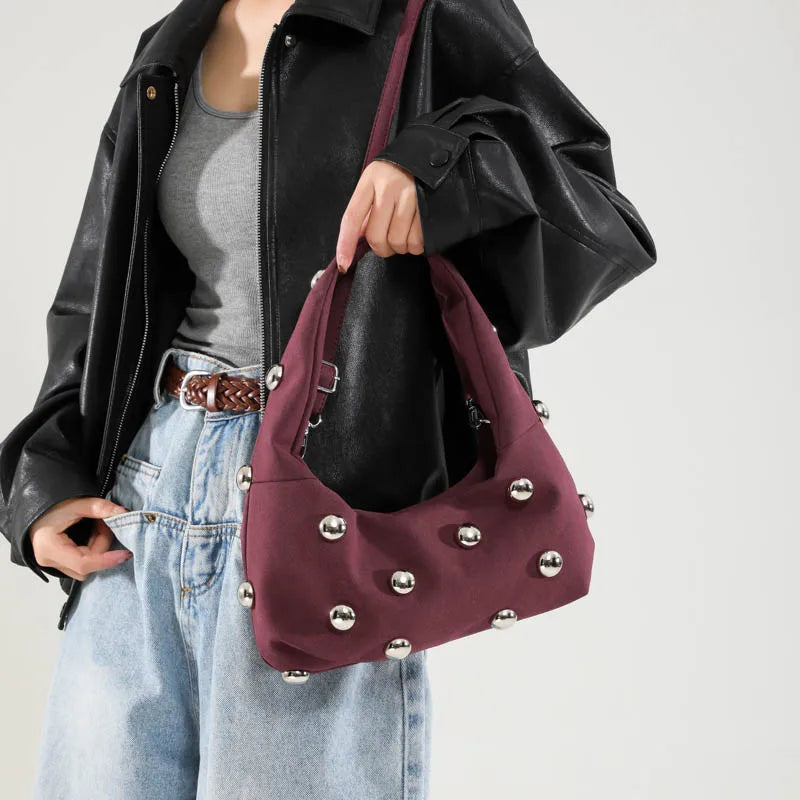 Luxury Purple Handbag For Women Luxury Studded Beading Handbags Wine Red Purse Solid Color Suede Leather Shoulder Crossbody Bags