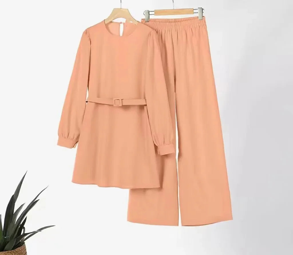 Muslim Women Matching Sets Long Sleeve Solid Color Tops with Belt And Loose Pant Suits Elegant Fashion Casual Tracksuit Kaftan