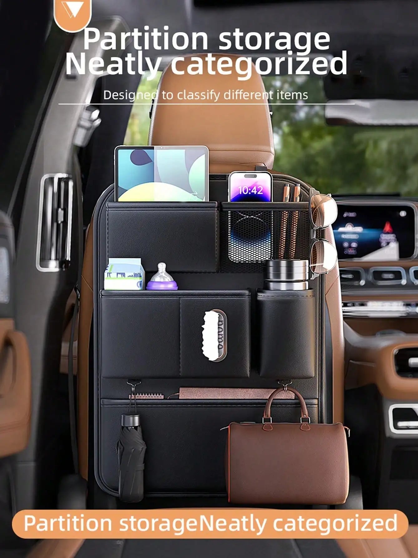 1pc Car Seat Back Organizer, In-Car Seat Back Folding Table, Multi-Functional Storage Box, Storage Supplies