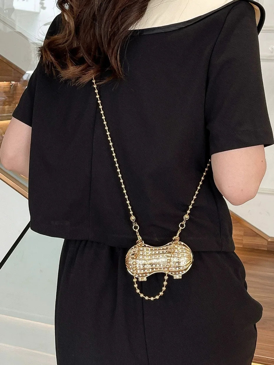 Luxury Diamond Inlay Peanut Shape Crystal Clutch Purse Stones Evening Wedding Party Shoulder Bag Handle Rhinestone Mini Handbags