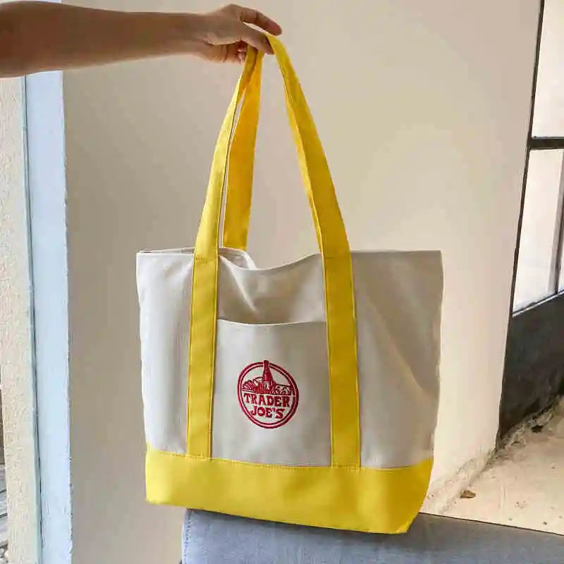 Tr Joe's Large Capaci op Bag Canvas Bag Embroidered Casual Handheld Single oulder Bag Contrast Color Trend Summer