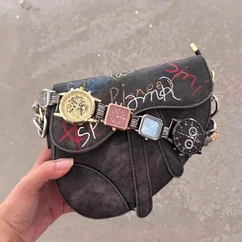 Designer Luxury Saddle Bag Women 2025 New In Fashion Chic Metal Watch Strap Shoulder Bag Trend Graffiti Novelty Female Bags
