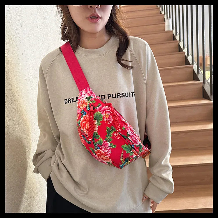 Women Fanny Bag Pack Large Flower Nylon Belt Bags Fashion Waist Pack Zipper Bag Adjustable Lightweight Multifunction Waterproof