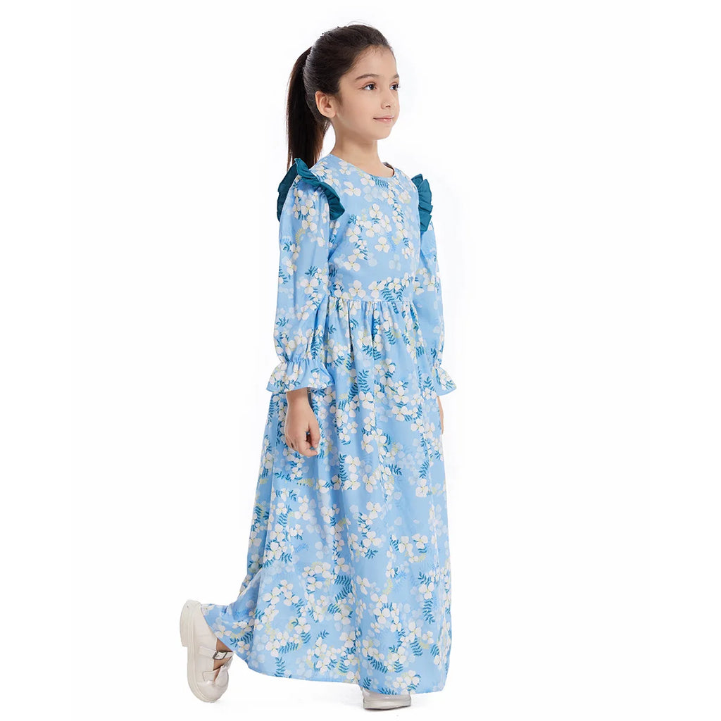 Abaya Girls Long Sleeve Dresses,Muslim Floral Dress for Kids,Conservative Outfits,Full Cover Robe Gown,Children's Beaching Dress