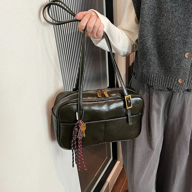 Luxury Black PU Leather Crossbody Bag for Women - Golden Buckle Strap & Red/Black Plaid Tassel, Y2K Underarm Bags Work Bag