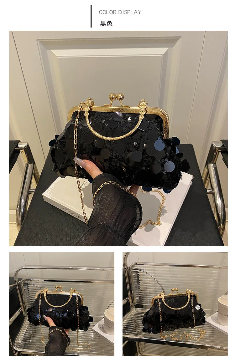Elegant Sequined Evening Shoulder Bags for Women Solid Color Ladies Clip Chain Crossbody Bag Casual Female Shell Handbags Purse