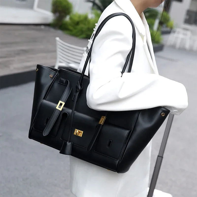 Luxury Brand Silver Buckle Fashion Genuine Leather Handbag New Large Capacity Tote Bag Designer Women's Commuter Shoulder Bag