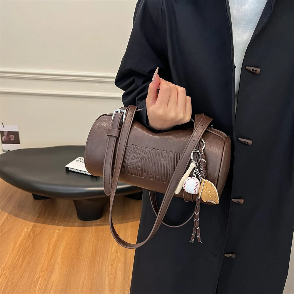 Multifunctional Cylinder Shaped Shoulder Bags For Women 2024 Winter Latest Designer Handbags Luxury Cross Body Bag With Pendant