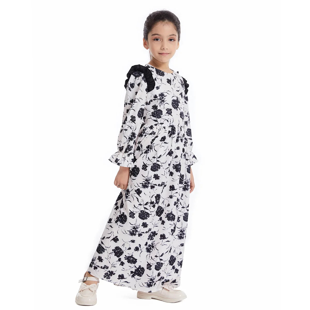 Abaya Girls Long Sleeve Dresses,Muslim Floral Dress for Kids,Conservative Outfits,Full Cover Robe Gown,Children's Beaching Dress