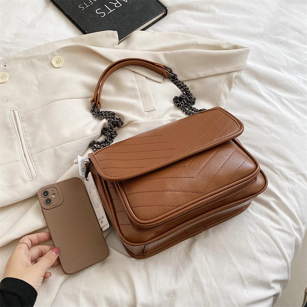 Luxury Chain Shoulder Bags For Women V-line Embroidery Dual Straps Designer Crossbody Messenger Bag Multi Pockets Female Handbag