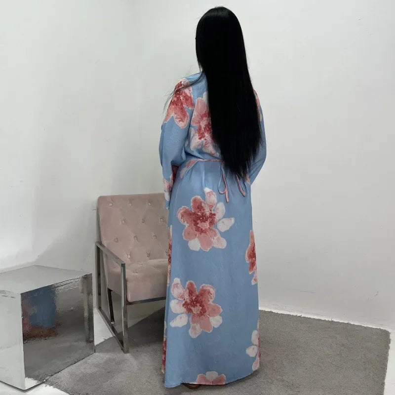 Elegant Floral Print Abaya Dress for Muslim Women Modest Full-Length Ankle-Grazing Maxi Robe 2025 Summer Islamic Turkey Outfit