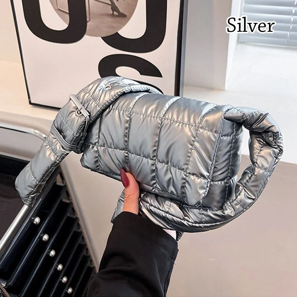 Fashion Quilted Tote Bag Winter Lightweight Warm Down Cotton Padded Plaid Shoulder Bags Women Underarm Bags Puffy Handbags