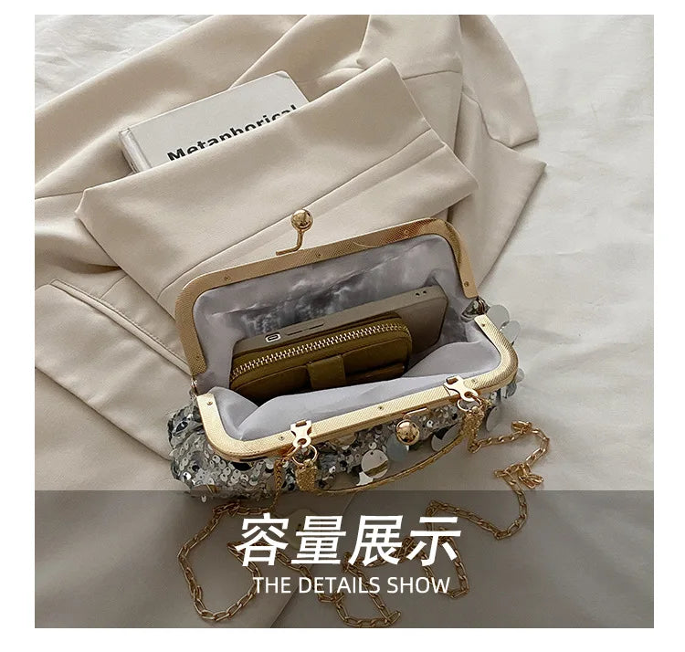Elegant Sequined Evening Shoulder Bags for Women Solid Color Ladies Clip Chain Crossbody Bag Casual Female Shell Handbags Purse
