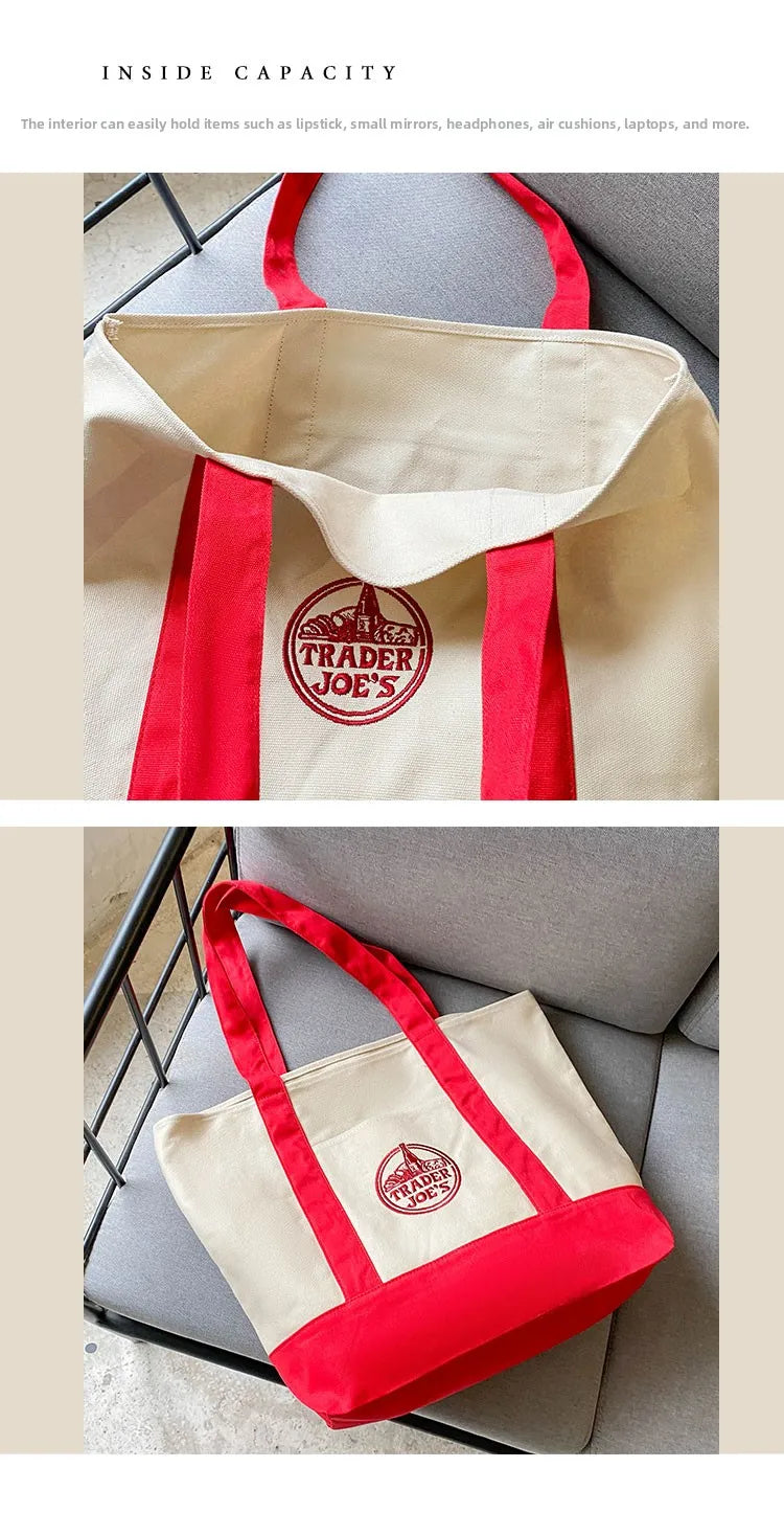 Tr Joe's Large Capaci op Bag Canvas Bag Embroidered Casual Handheld Single oulder Bag Contrast Color Trend Summer