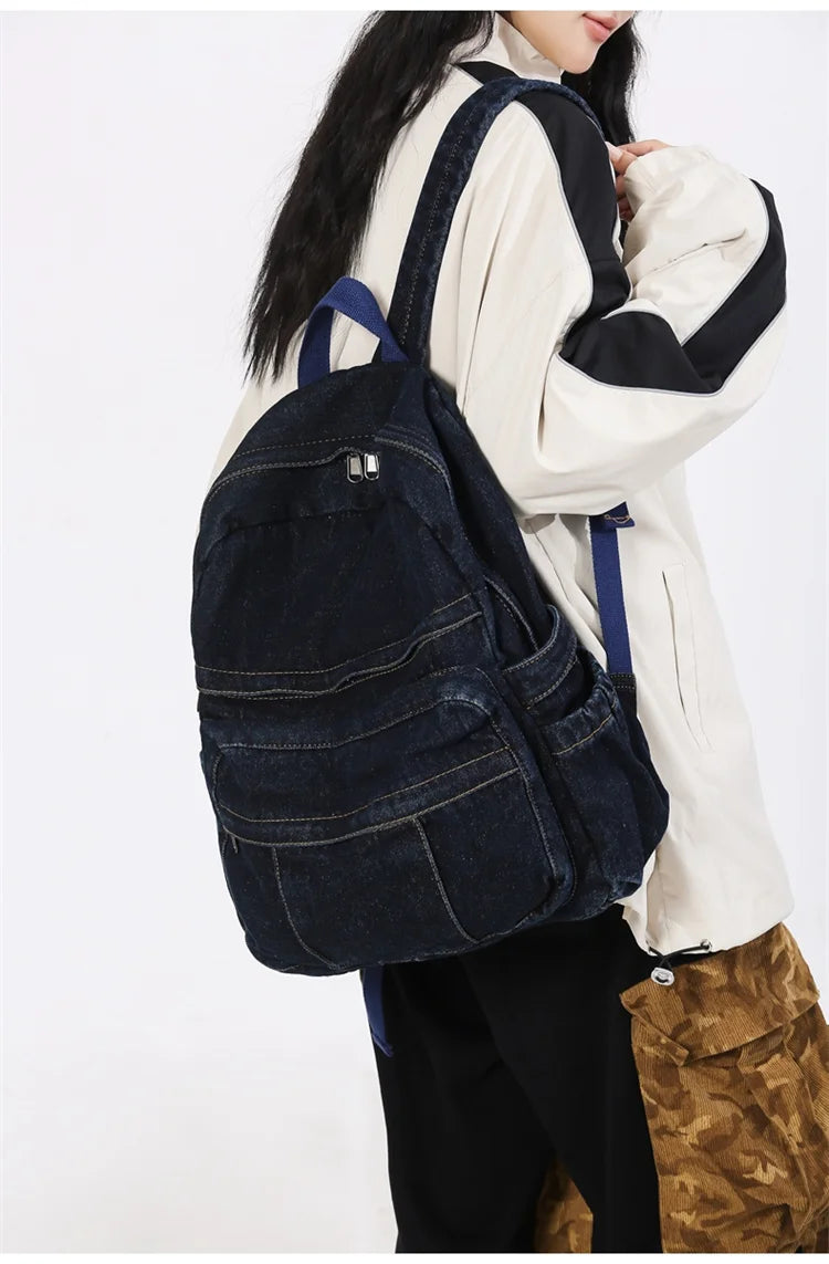 Blue Denim Backpacks For Women 100% Cotton Leisure Or Travel Bags Unisex Large Capacity Canvas Satchels Cloth Korea School Bags