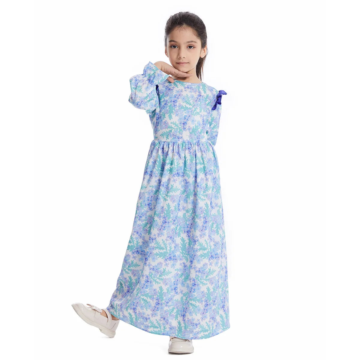 Abaya Girls Long Sleeve Dresses,Muslim Floral Dress for Kids,Conservative Outfits,Full Cover Robe Gown,Children's Beaching Dress