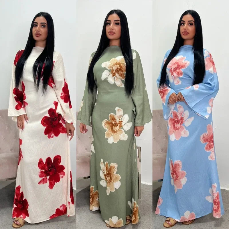 Elegant Floral Print Abaya Dress for Muslim Women Modest Full-Length Ankle-Grazing Maxi Robe 2025 Summer Islamic Turkey Outfit