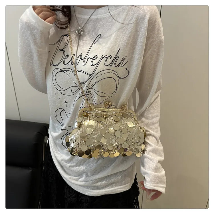 Elegant Sequined Evening Shoulder Bags for Women Solid Color Ladies Clip Chain Crossbody Bag Casual Female Shell Handbags Purse