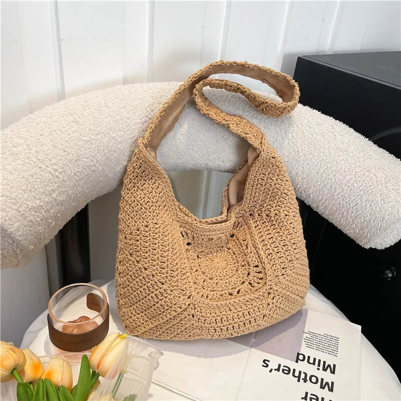 New Shoulder Bag Fashion Casual Crochet Shopping Tote For Women Solid Color Hollow Out Knitted Beach Bag Large Capacity Handbags