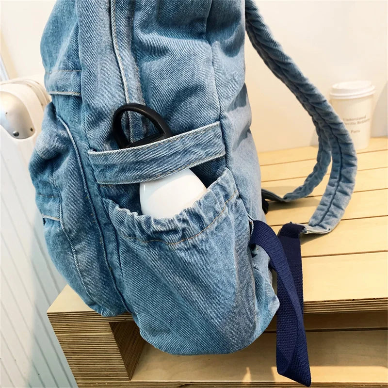 Blue Denim Backpacks For Women 100% Cotton Leisure Or Travel Bags Unisex Large Capacity Canvas Satchels Cloth Korea School Bags