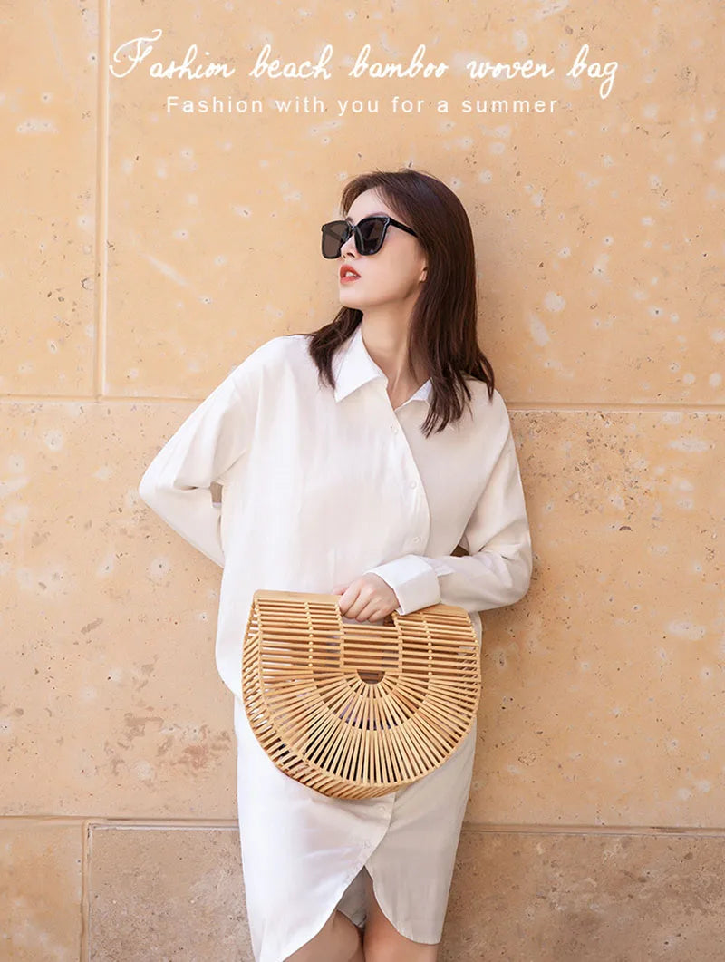 Fashion Straw Bag Bamboo Semi-circular Handbags High quality Hand woven Women Bags Bohemia Summer Ladies Beach Bag Bamboo Bags