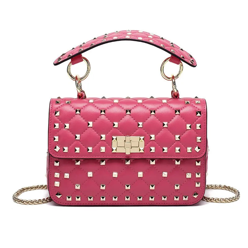 Handbags for Women Sheepskin Leather Rivet Chain Bag Designer Shoulder Bags Luxury Woman Messenger-package Rose Red