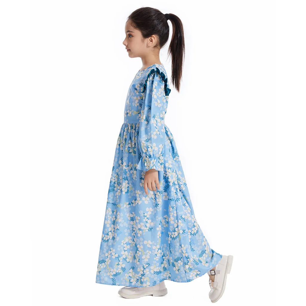 Abaya Girls Long Sleeve Dresses,Muslim Floral Dress for Kids,Conservative Outfits,Full Cover Robe Gown,Children's Beaching Dress