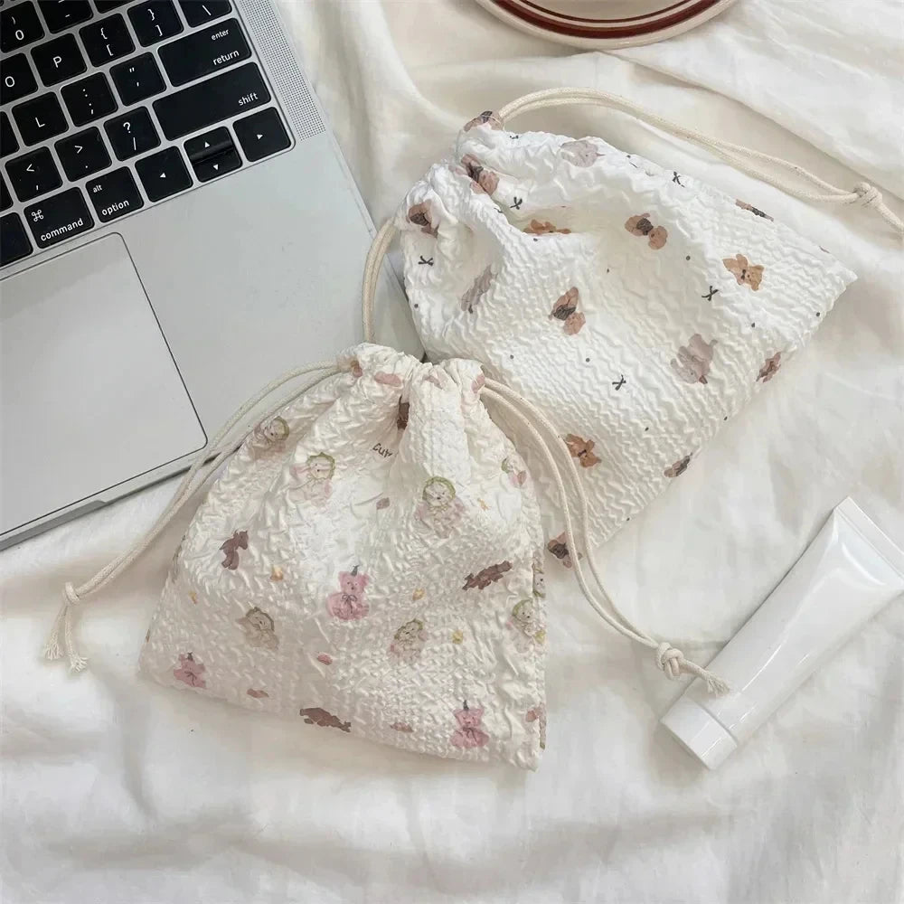 Cute Bear Cartoon Drawstring Bags Women Drawstring Packaging Pocket Cosmetic Bag Makeup Bag Large Capacity Coin Purse Coin Pouch
