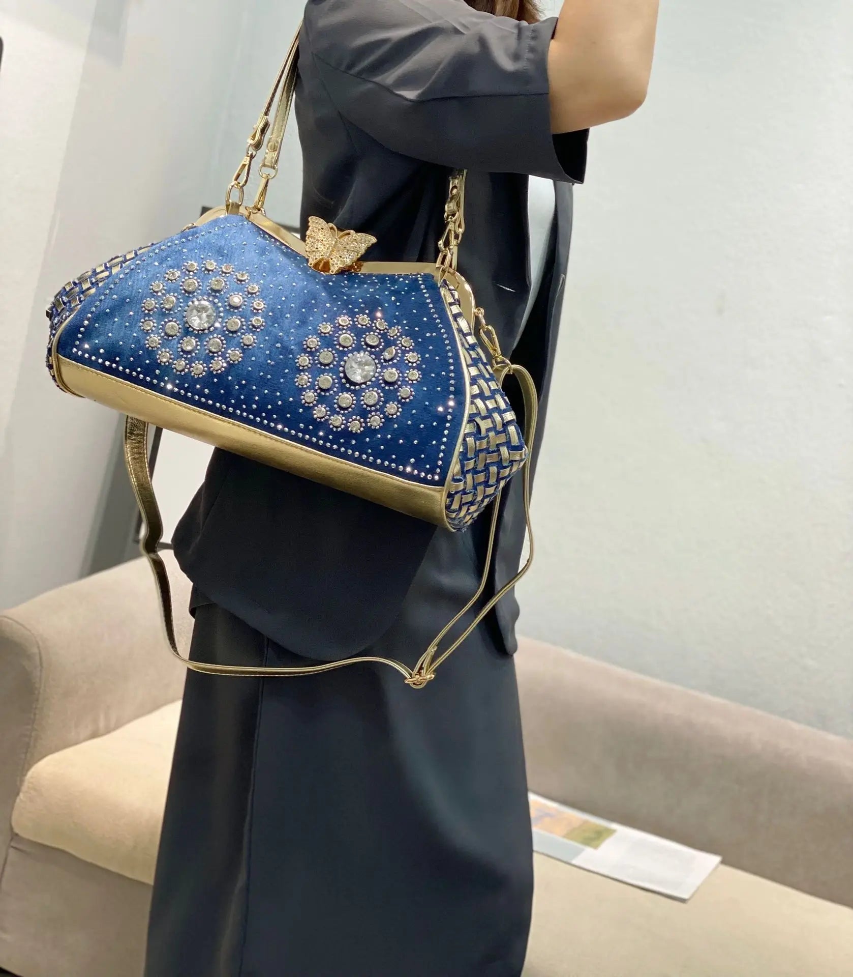 Denim Rhinestones Women Handbag Clutch Bag For Evening Party Chic Butterfly Decoration Ladies Denim Fireworks Shoulder Bag