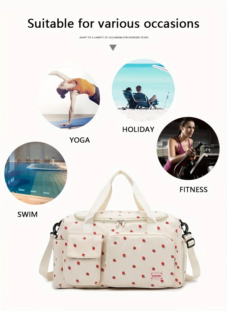 Large Capacity Strawberry Print Duffel Bag with Multiple Compartments - Ideal for Travel, Gym, and Everyday Use, Casual Style