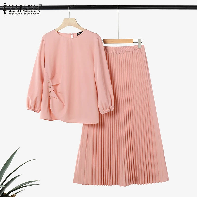 Fashion Muslim Sets Women 2PCS Outfits ZANZEA Elegant Long Sleeve Blouse Dress Suits Casual Solid Tracksuits Loose Matching Sets