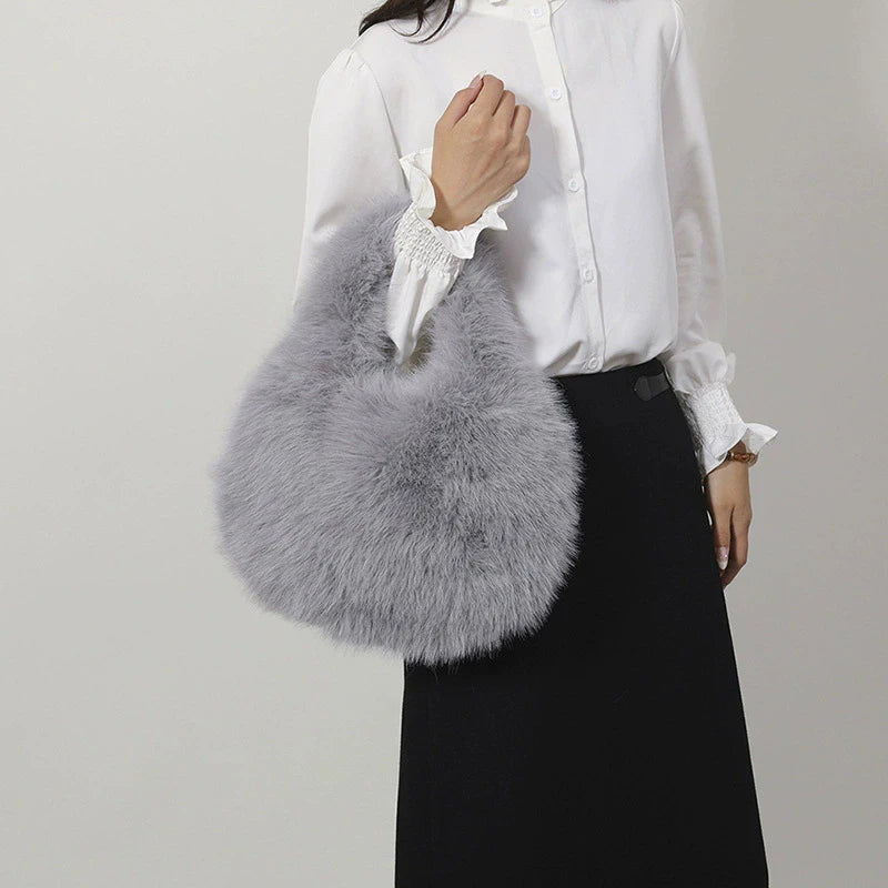 Small Hobo Handle Bags for Women Shoulder Bags Designer Furry Purse and Handbags Fashionable Cute Female Plush Bag