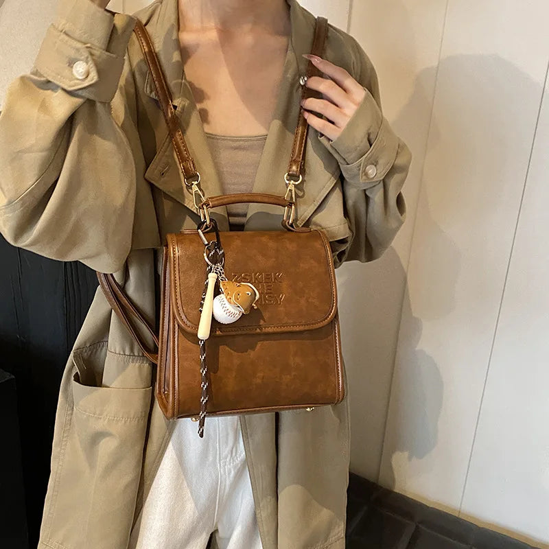 Casual Retro Large Capacity Women's Backpack Fashionable Versatile Stylish Satchel Crossbody Bag New Black City Simple Style PU