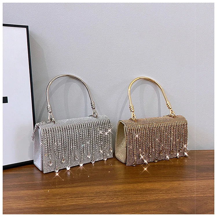 Luxury Golden Shoulder Bag 2025 New for Women, Elegant Rhinestone Clutch Purse, Versatile Crossbody Bag with Adjustable Chain