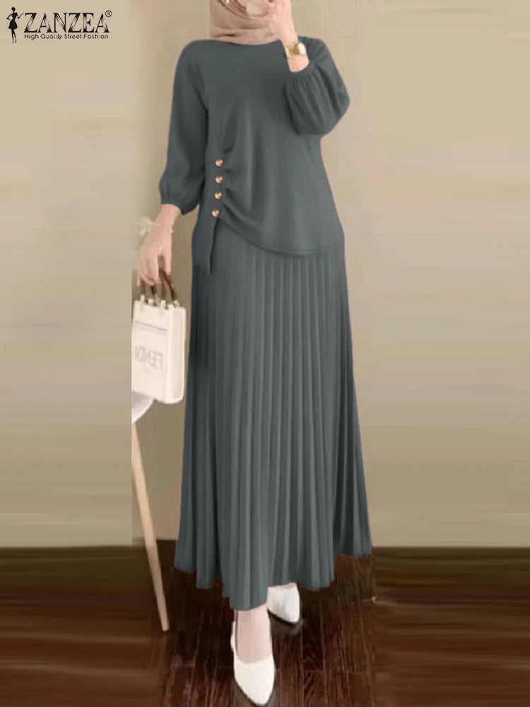 Fashion Muslim Sets Women 2PCS Outfits ZANZEA Elegant Long Sleeve Blouse Dress Suits Casual Solid Tracksuits Loose Matching Sets