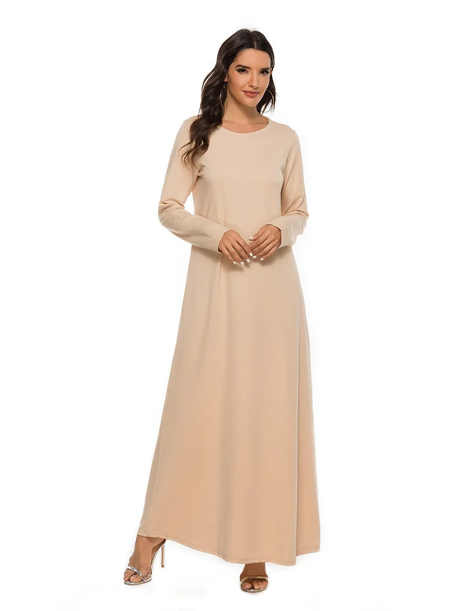 Women's Muslim Worshipwear Basic Long sleeved Laydown Round Neck Dress Middle Eastern Solid Color Robe