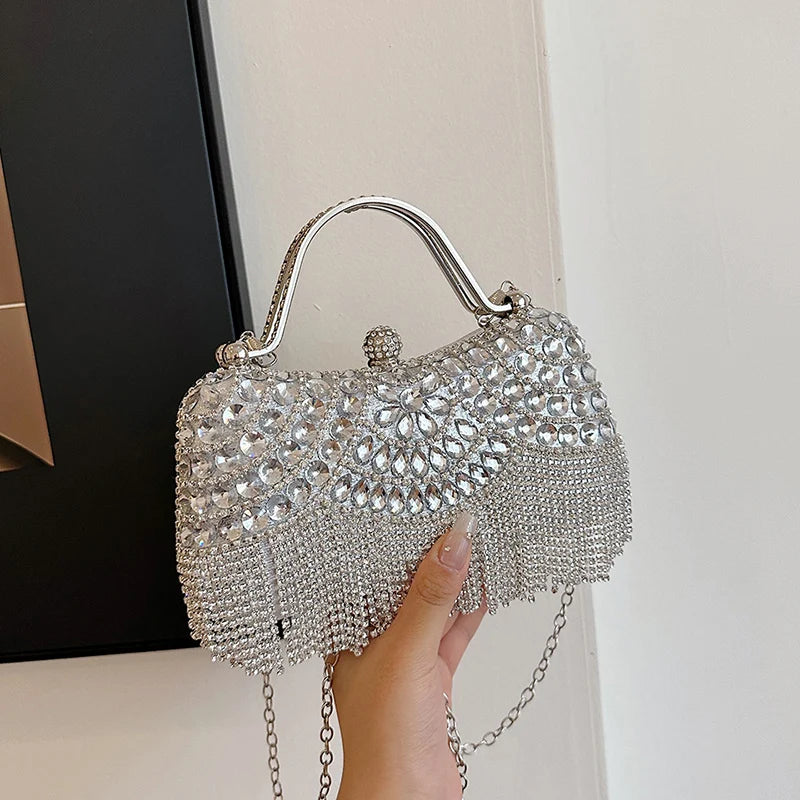 Gold Evening Clutch Bag For Women Luxury Diamond Party Purse Handbag Fashion Tassel Shoulder Crossbody Box Lipstick Bag Designer