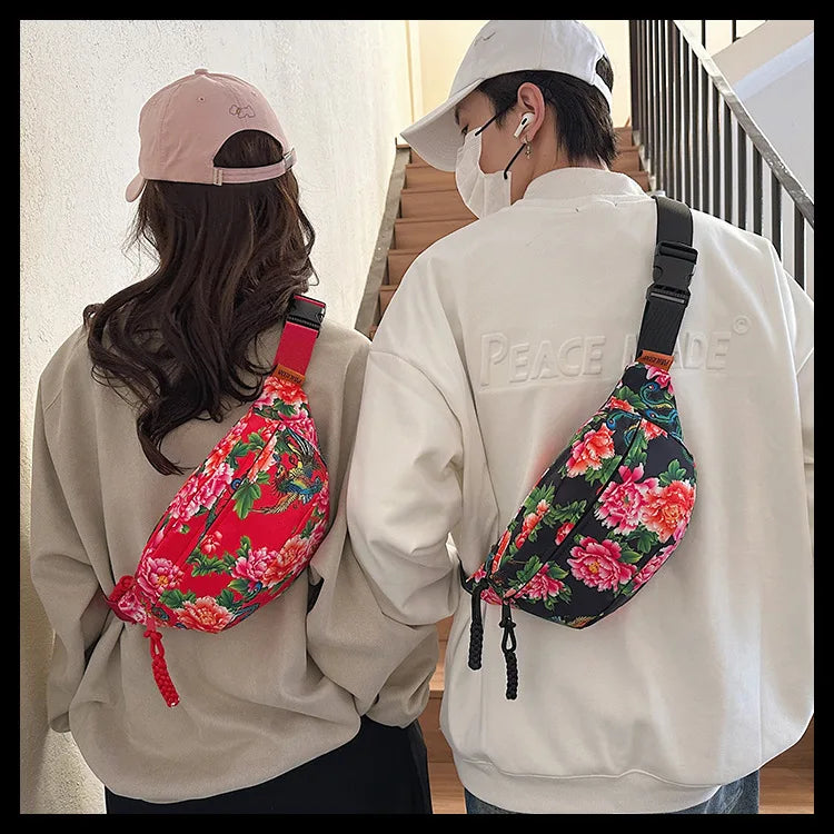 Women Fanny Bag Pack Large Flower Nylon Belt Bags Fashion Waist Pack Zipper Bag Adjustable Lightweight Multifunction Waterproof