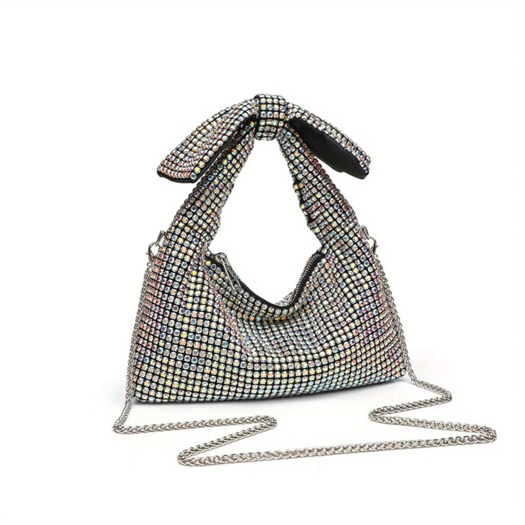 Bow Evening Bag for Women Rhinestone Shoulder Purse Glamorous Crystal Crossbody Bag Sparkling Party Clutch for Special Occasions