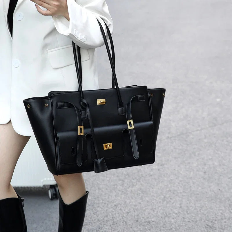 Luxury Brand Silver Buckle Fashion Genuine Leather Handbag New Large Capacity Tote Bag Designer Women's Commuter Shoulder Bag