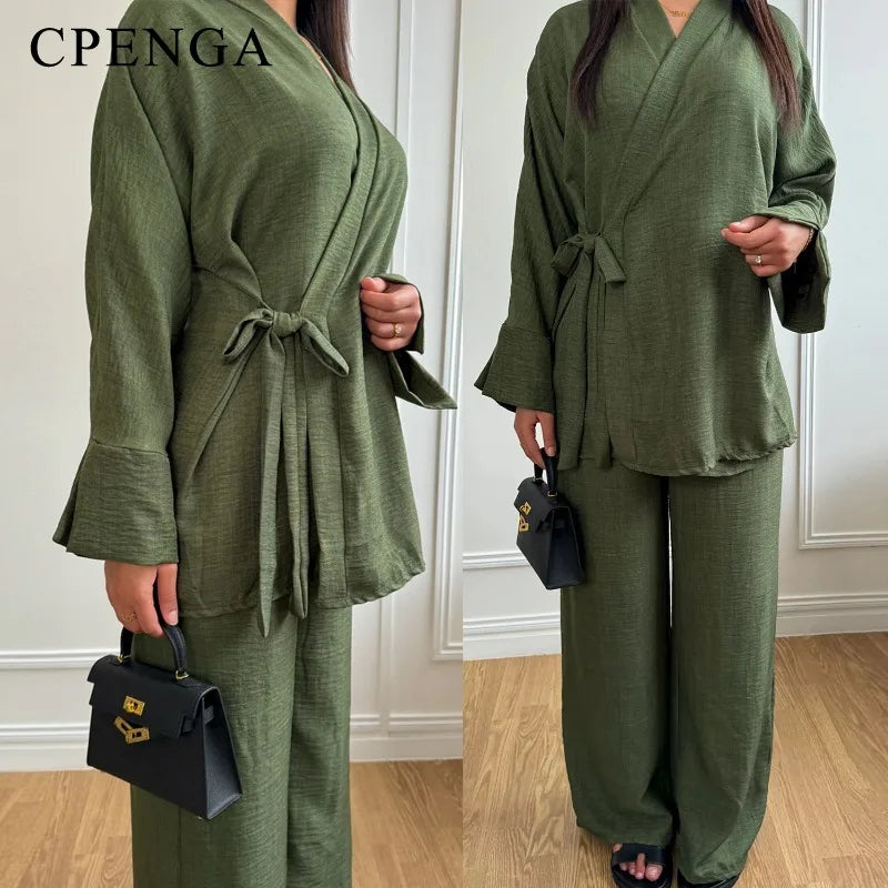 2 Piece Dubai Muslim Women Clothing Elegant Middle East Modest Top and Pants Sets 2024 Islamic Turkish Clothes Solid Outfits