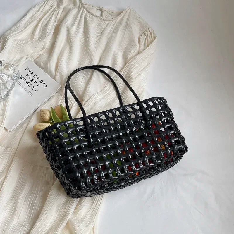 LEFTSIDE Small Solid Color Weave Tote Bags for Women 2025 Fashion Summer Shoulder Bags Simple Handbags Hollow Out Beach Bag