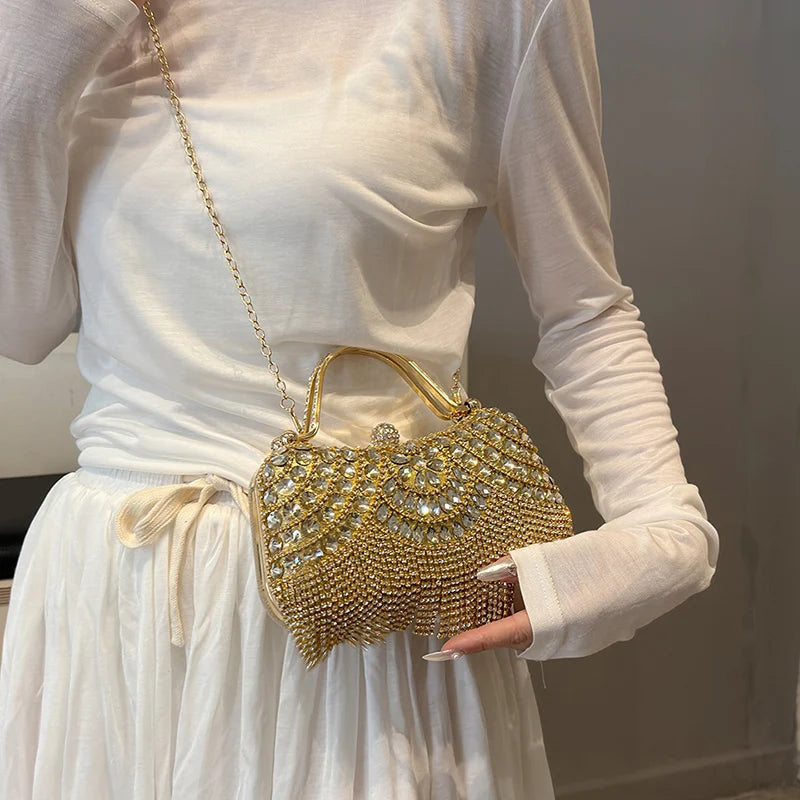 Gold Evening Clutch Bag For Women Luxury Diamond Party Purse Handbag Fashion Tassel Shoulder Crossbody Box Lipstick Bag Designer