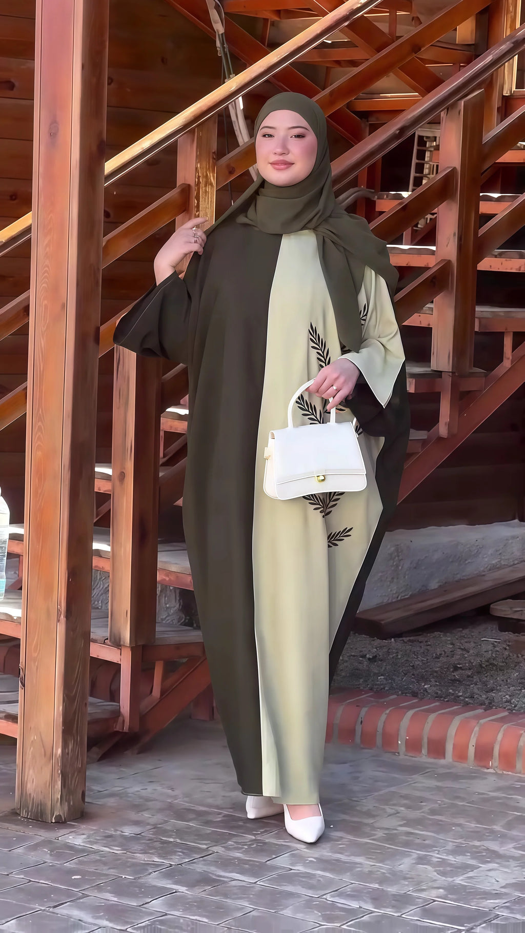 Women's Muslim Abaya Two Tone Olive and Beige with Leaf Embroidery Matching Hijab Elegant and Modest for UAE Saudi Arabia Qatar