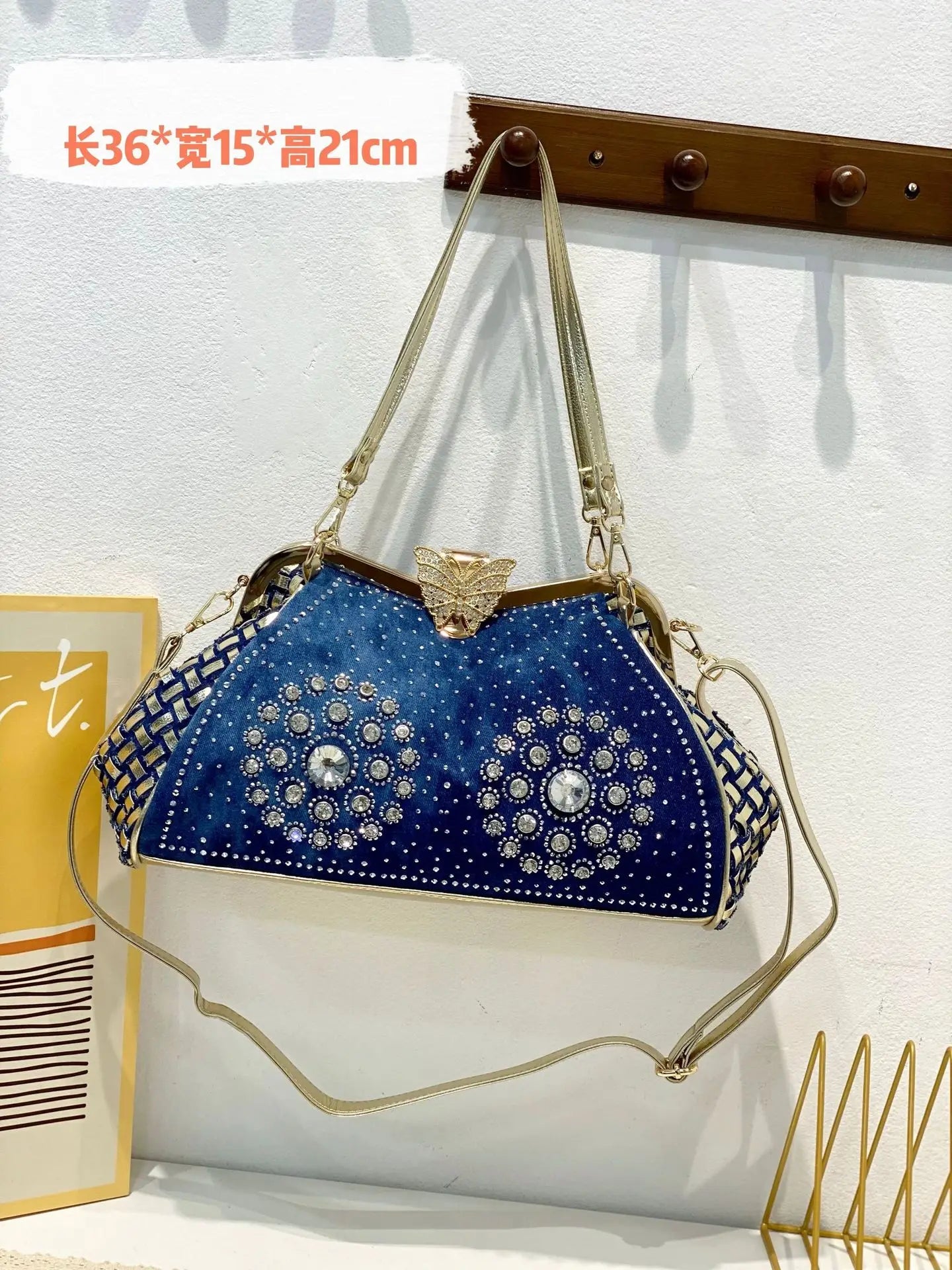 Denim Rhinestones Women Handbag Clutch Bag For Evening Party Chic Butterfly Decoration Ladies Denim Fireworks Shoulder Bag