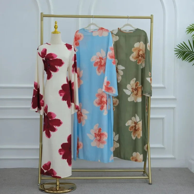 Elegant Floral Print Abaya Dress for Muslim Women Modest Full-Length Ankle-Grazing Maxi Robe 2025 Summer Islamic Turkey Outfit