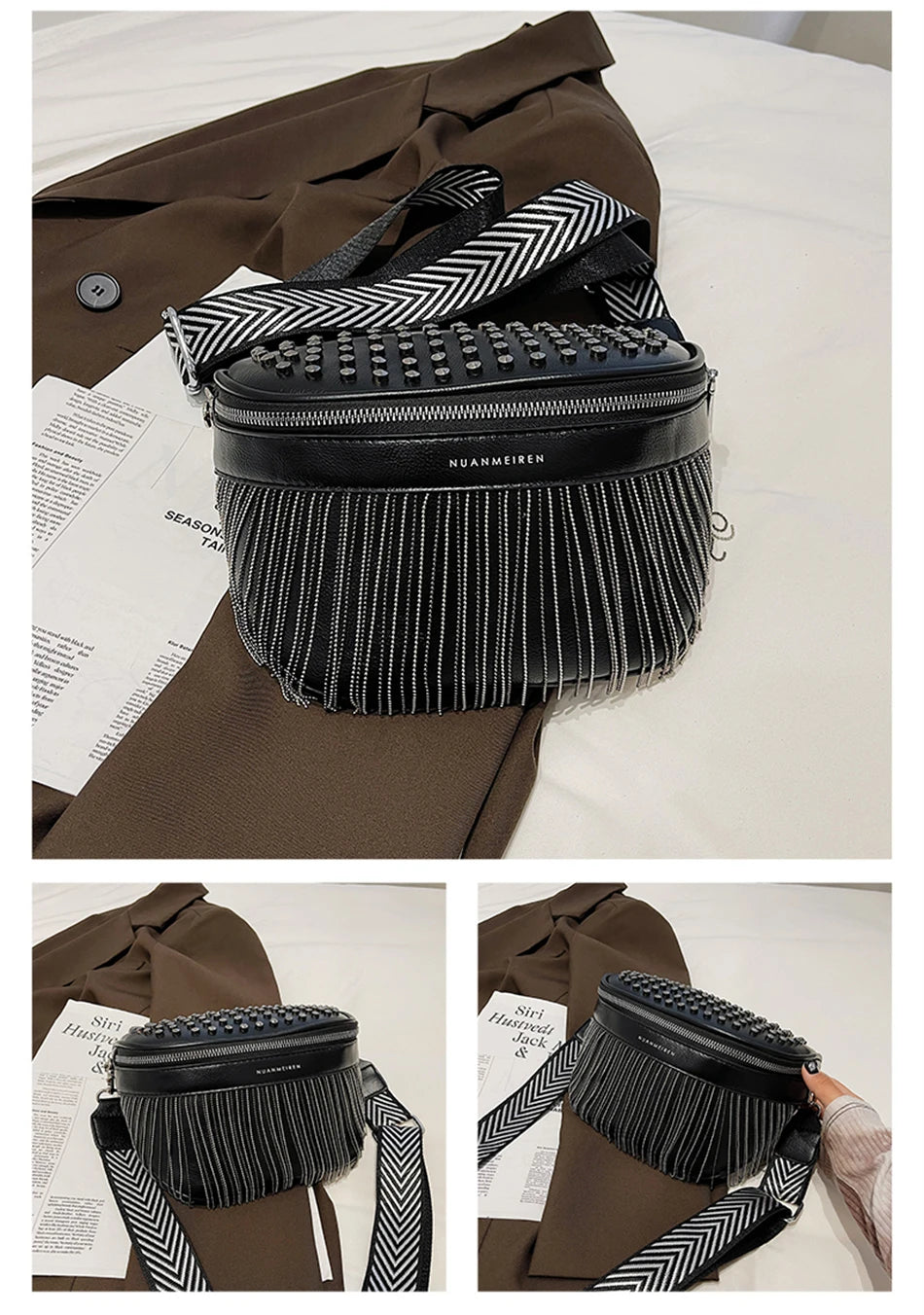 Luxury Woman Chest Bag Fashion Tassel Leather Large Capacity Crossbody Sling Bag Women Waist Bag Casual Rivet Design Travel Sac