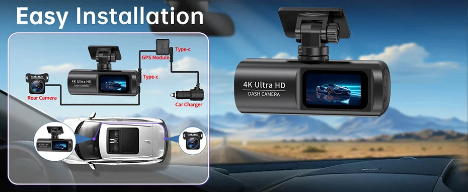 Dash Cam 4K UHD for Car Camera Front Rear Dual Lens With GPS WiFi 24h Parking Mode Night Vision Car DVR Video Registrator