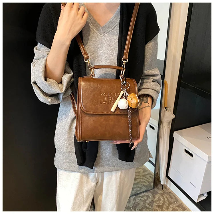 Casual Retro Large Capacity Women's Backpack Fashionable Versatile Stylish Satchel Crossbody Bag New Black City Simple Style PU